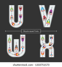 Vector graphic alphabet in a set U,V,W,X, with Abstract Bicycle squad top view on the road font style