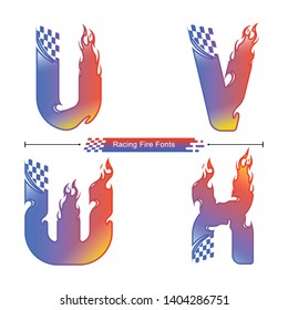 Vector graphic alphabet in a set U,V,W,X, with Abstract Racing fire fonts. Typography design for posters, logos, cover, etc.