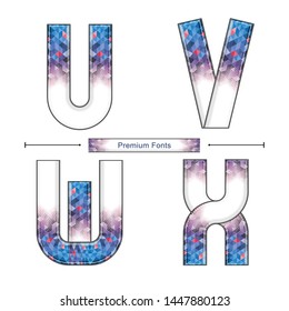 Vector graphic alphabet in a set U,V,W,X, with Modern abstract geometric premium blue color. business fonts. Typography design for posters, logos, cover, etc.