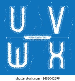 Vector graphic alphabet in a set U,V,W,X, with Abstract Water Bubbles fonts on blue background. Typography design for posters, logos, cover, etc.