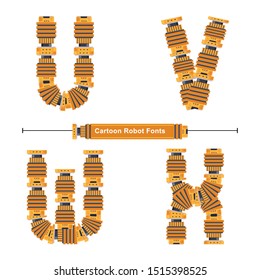 Vector graphic alphabet in a set U,V,W,X, with Abstract Cartoon Robot Font. Typography design for posters, logos, cover, etc.