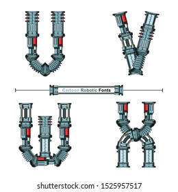 Vector graphic alphabet in a set U,V,W,X, with Abstract Cartoon Robot Font. Typography design for posters, logos, cover, etc.