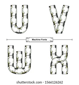 Vector graphic alphabet in a set U,V,W,X, with Abstract Futuristic Machine Font. Typography design for posters, logos, cover, etc.