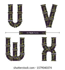 Vector graphic alphabet in a set U,V,W,X, with Abstract Green Tech Font. Typography design for posters, logos, cover, etc.