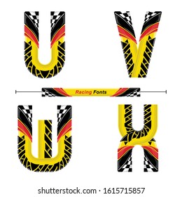Vector graphic alphabet in a set U,V,W,X, with Abstract Racing Flag. Typography design for posters, logos, cover, etc.