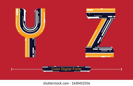 Vector graphic alphabet in a set U,V,W,X, with Color Digital font style