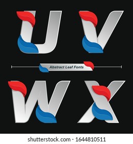Vector graphic alphabet in a set U,V,W,X, with Abstract Colored Leaf font style