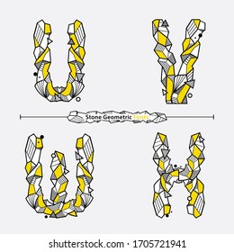 Alfabeto gráfico vectorial en un conjunto U,V,W,X, con estilo de las fuentes de piedra geométrica Neo Memphis