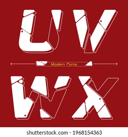 Vector graphic alphabet in a set U,V,W,X, with Abstract Future modern font. Typography design for posters, logos, cover, etc.