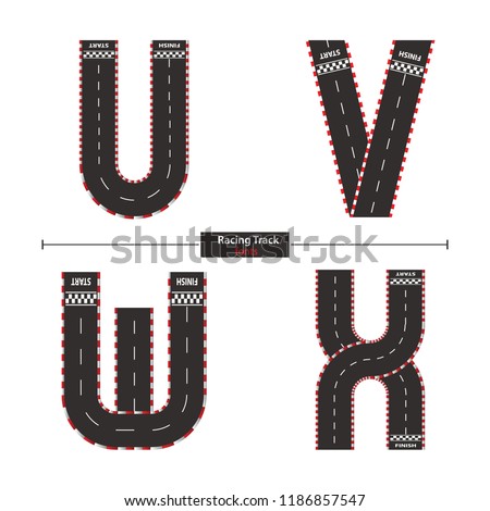 Vector graphic alphabet in a set U,V,W,X with racing track style