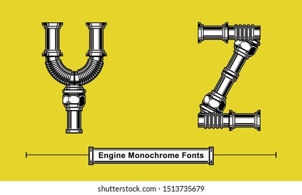 Vector graphic alphabet in a set Y, Z, with Abstract Engine monochrome. Typography design for posters, logos, cover, etc.
