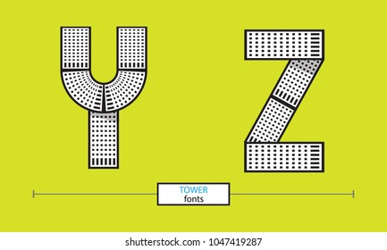 Vector graphic alphabet in a set Y,Z, with tower line design style