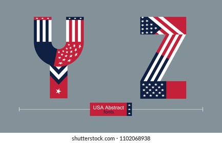 Vector graphic alphabet in a set Y,Z with USA flag abstract style