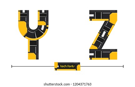 Vector graphic alphabet in a set Y,Z, with Modern Tech Yellow color style