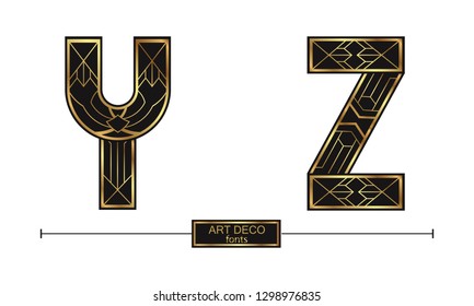 Vector graphic alphabet in a set Y,Z, with Art Deco golden color style