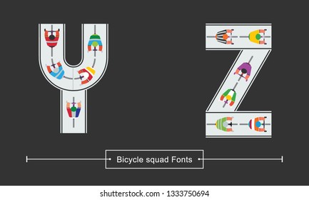 Vector graphic alphabet in a set Y,Z, with Abstract Bicycle squad top view on the road font style