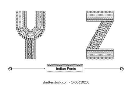 Vector graphic alphabet in a set Y,Z, with Abstract Indian ethnic style. Typography design for posters, logos, cover, etc.