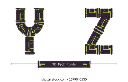 Vector graphic alphabet in a set Y,Z, with Abstract Green Tech Font. Typography design for posters, logos, cover, etc.