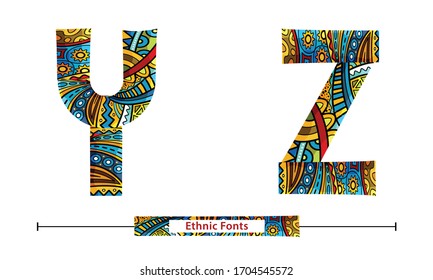 Vector graphic alphabet in a set Y,Z, with Colorful  ethnic tribal fonts style