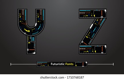 Vector graphic alphabet in a set Y,Z, with Color lines Futuristic fonts style