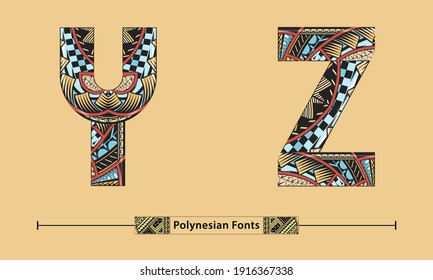 Vector graphic alphabet in a set Y,Z, with Polynesian Tattoo ethnic tribal font style