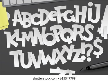 Vector graphic alphabetical design. Alphabet made of paper letters. Vector font made of derived pulp. Home craft illustration set.