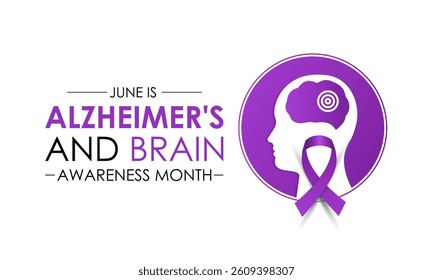 
Vector graphic of Alzheimer's and Brain awareness month is observed every year in June. Raise awareness about Alzheimer's and brain. Realistic Ribbon, head and brain icon with Stethoscope design.
