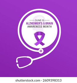
Vector graphic of Alzheimer's and Brain awareness month is observed every year in June. Raise awareness about Alzheimer's and brain. Realistic Ribbon, head and brain icon with Stethoscope design.