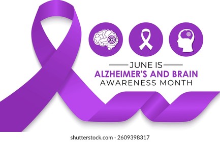 
Vector graphic of Alzheimer's and Brain awareness month is observed every year in June. Raise awareness about Alzheimer's and brain. Realistic Ribbon, head and brain icon with Stethoscope design.