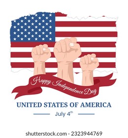 Vector graphic of America Independence Day artwork for greeting card with clenched fist, USA flag grunge texture brush