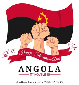 Vector graphic of Angola Independence Day for greeting card with clenched fist, fireworks and ribbon