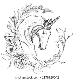 Vector Graphic animal floral boho illustration - black & white unicorn with flower and leaf elements for wedding, anniversary, birthday, invitations, logo, baby shower, etc.