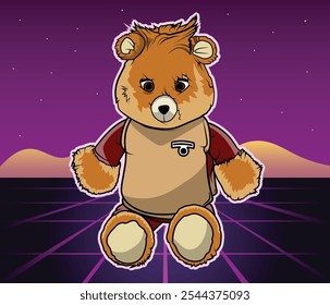 Vector graphic animatronic mechanical stuffed animal toy for children on a retro 1980's synthwave pop background