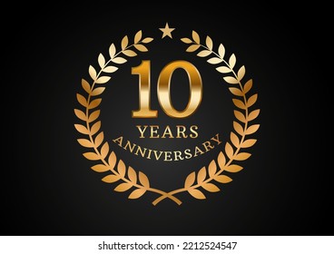 Vector graphic of Anniversary celebration background. 10 years golden anniversary logo with laurel wreath on black background. Good design for wedding party event, birthday, invitation, brochure, etc
