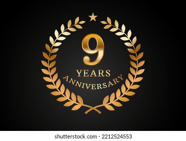 Vector graphic of Anniversary celebration background. 9 years golden anniversary logo with laurel wreath on black background. Good design for wedding party event, birthday, invitation, brochure, etc

