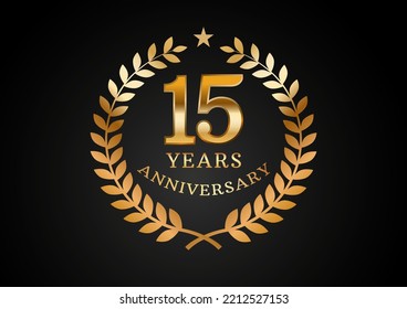 Vector graphic of Anniversary celebration background. 15 years golden anniversary logo with laurel wreath on black background. Good design for wedding party event, birthday, invitation, brochure, etc
