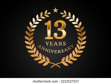 Vector graphic of Anniversary celebration background. 13 years golden anniversary logo with laurel wreath on black background. Good design for wedding party event, birthday, invitation, brochure, etc
