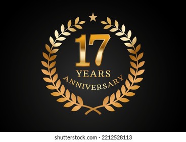 Vector graphic of Anniversary celebration background. 17 years golden anniversary logo with laurel wreath on black background. Good design for wedding party event, birthday, invitation, brochure, etc
