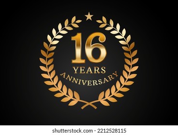 Vector graphic of Anniversary celebration background. 16 years golden anniversary logo with laurel wreath on black background. Good design for wedding party event, birthday, invitation, brochure, etc
