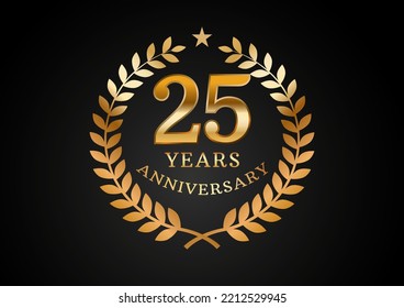 Vector graphic of Anniversary celebration background. 25 years golden anniversary logo with laurel wreath on black background. Good design for wedding party event, birthday, invitation, brochure, etc
