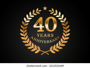 Vector graphic of Anniversary celebration background. 40 years golden anniversary logo with laurel wreath on black background. Good design for wedding party event, birthday, invitation, brochure, etc
