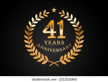 Gráfico vectorial de los antecedentes de la celebración del aniversario. Logo de 41 años de aniversario dorado con laurel sobre fondo negro. Buen diseño para el evento de boda, cumpleaños, invitación, folleto, etc
