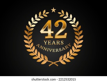 Vector graphic of Anniversary celebration background. 42 years golden anniversary logo with laurel wreath on black background. Good design for wedding party event, birthday, invitation, brochure, etc
