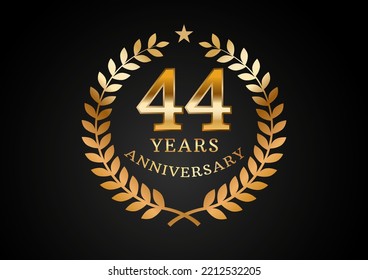 Vector graphic of Anniversary celebration background. 44 years golden anniversary logo with laurel wreath on black background. Good design for wedding party event, birthday, invitation, brochure, etc
