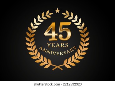 Gráfico vectorial de los antecedentes de la celebración del aniversario. Logo de 45 años de aniversario dorado con laurel sobre fondo negro. Buen diseño para el evento de boda, cumpleaños, invitación, folleto, etc
