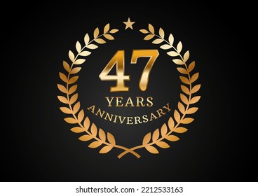 Vector graphic of Anniversary celebration background. 47 years golden anniversary logo with laurel wreath on black background. Good design for wedding party event, birthday, invitation, brochure, etc
