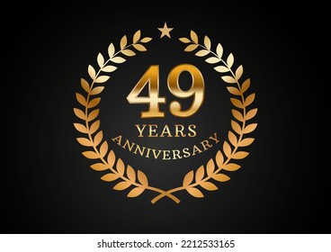 Vektorgrafik des Jubiläums-Hintergrund. 49 Jahre goldenes Jubiläumslogo mit Lorbeerkranz auf schwarzem Hintergrund. Gutes Design für Hochzeitsfeier, Geburtstag, Einladung, Broschüre usw.
