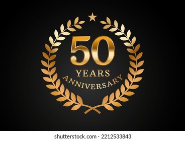 Vector graphic of Anniversary celebration background. 50 years golden anniversary logo with laurel wreath on black background. Good design for wedding party event, birthday, invitation, brochure, etc
