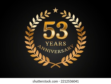 Vector graphic of Anniversary celebration background. 53 years golden anniversary logo with laurel wreath on black background. Good design for wedding party event, birthday, invitation, brochure, etc
