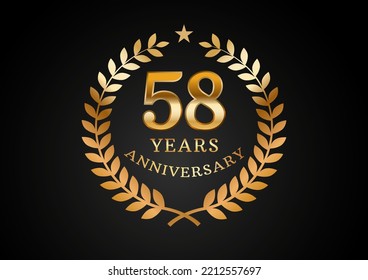 Vector graphic of Anniversary celebration background. 58 years golden anniversary logo with laurel wreath on black background. Good design for wedding party event, birthday, invitation, brochure, etc
